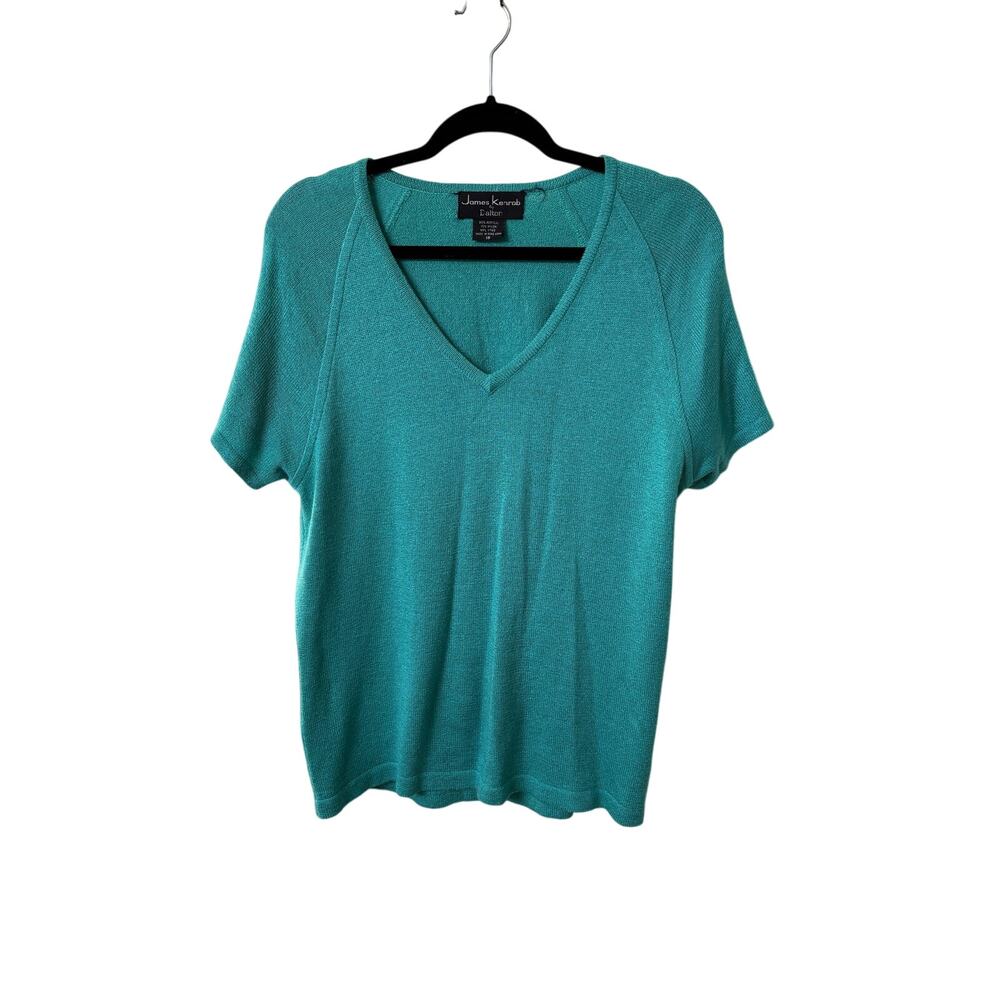 Vintage James Kenrob by Dalton Aqua Sweater Knit Top V-Neck Short Sleeve Sz 18